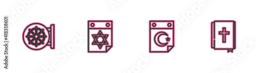 Set line Dharma wheel, Star and crescent, Jewish calendar and Holy bible book icon. Vector.
