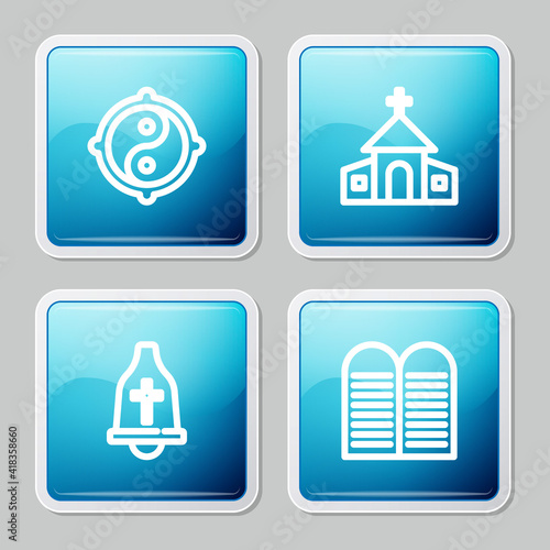 Set line Yin Yang, Church building, bell and The commandments icon. Vector.