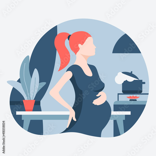 Pregnant woman standing in the kitchen near the stove. Pregnant with back pain. Home routine. Flat design. Vector illustration