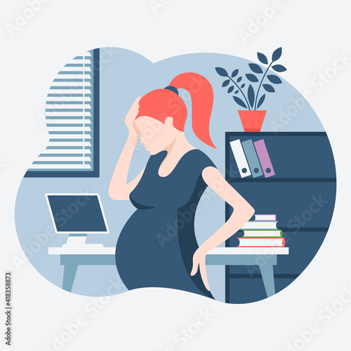 Pregnant woman working in the office. Pregnant tired woman. Flat design. Vector illustration