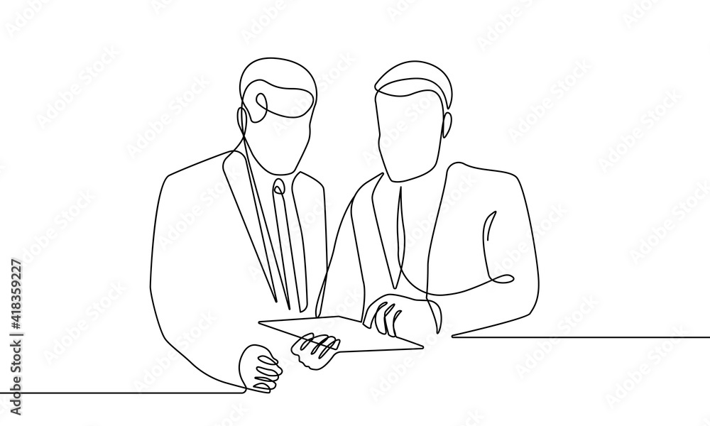 Continuous One Line Drawing of Two Men. Teamwork Concept with One Line Illustrations of People. Abstract Business Minimalist Contour Line Drawing. Vector EPS 10