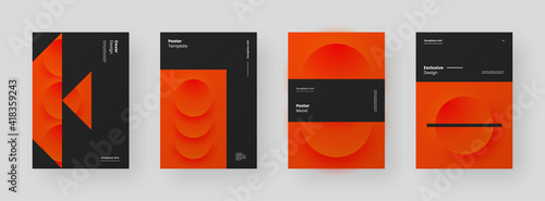 Abstract set Placards, Posters, Flyers, Banner Designs. Colorful illustration on vertical A4 format. 3d geometric shapes. Decorative neumorphism backdrop.