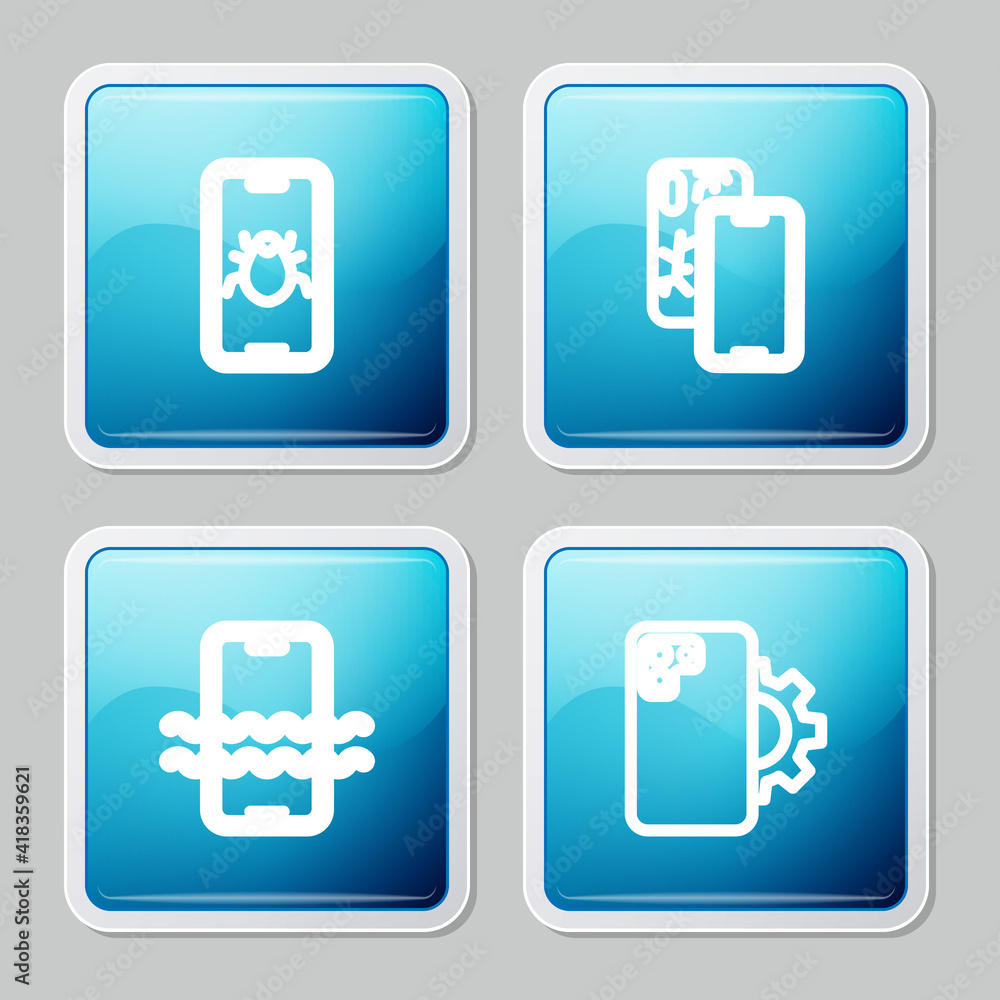 Set line System bug on mobile, Mobile with broken screen, Waterproof phone and Phone repair service icon. Vector. Set line System bug on mobile, Mobile with broken screen, Waterproof phone and Phone repair service icon. Vector.