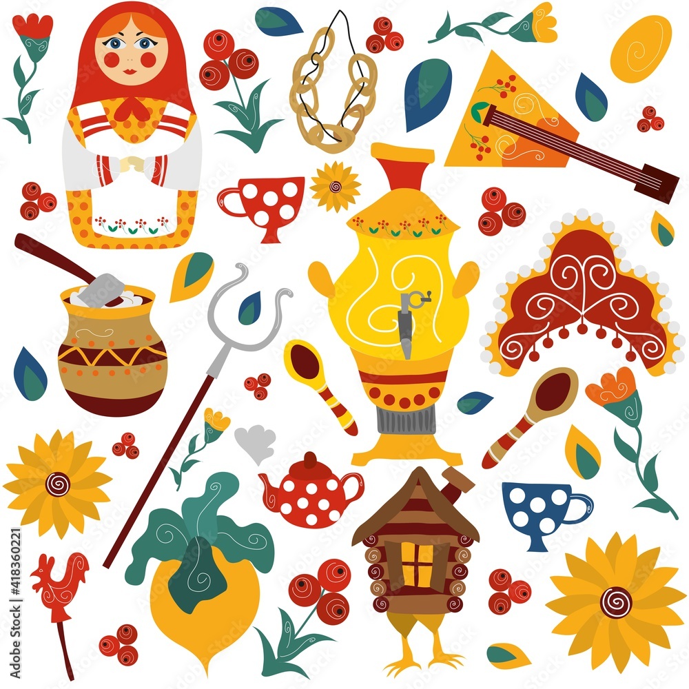 Vector Russian folk set. Balalaika, kokoshnik, samovar, nesting doll, hut on chicken legs. Vector, decorative illustration. Folklore. Print on T-shirt, textiles, wallpaper and other surfaces. Vector Russian folk set. Balalaika, kokoshnik, samovar, nesting doll, hut on chicken legs. Vector, decorative illustration. Folklore. Print on T-shirt, textiles, wallpaper and other surfaces.