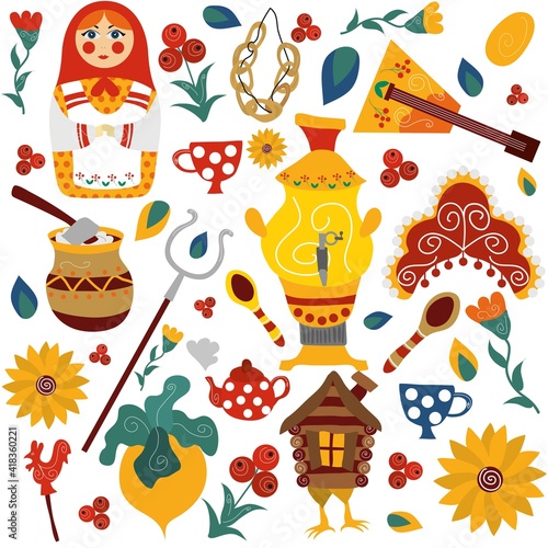 Vector Russian folk set. Balalaika, kokoshnik, samovar, nesting doll, hut on chicken legs. Vector, decorative illustration. Folklore. Print on T-shirt, textiles, wallpaper and other surfaces.
