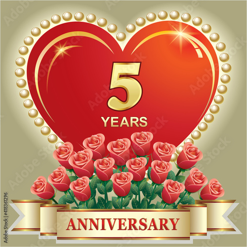 Anniversary 5th years celebration, happy birthday, greeting card with roses on the background of big heart, template design for invitation, congratulations, wedding. Vector illustration