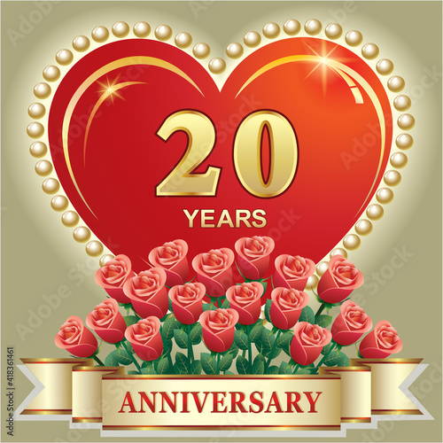 Anniversary 20th years celebration, happy birthday, greeting card with roses on the background of big heart, template design for invitation, congratulations, wedding. Vector illustration
