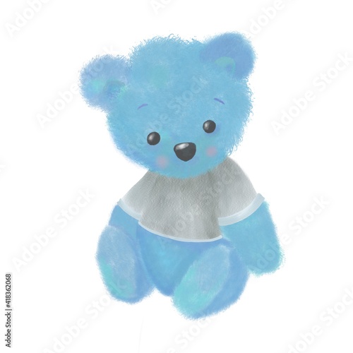Cute illustration of a sitting blue bear cub in a gray blouse