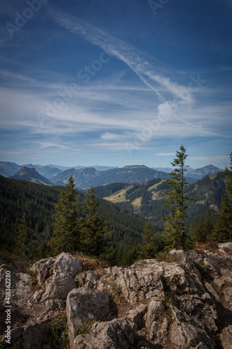 Panorama Ausblick von der Alpspitz in Nesselwang auf die Bergwelt in den Allgäuer Alpen