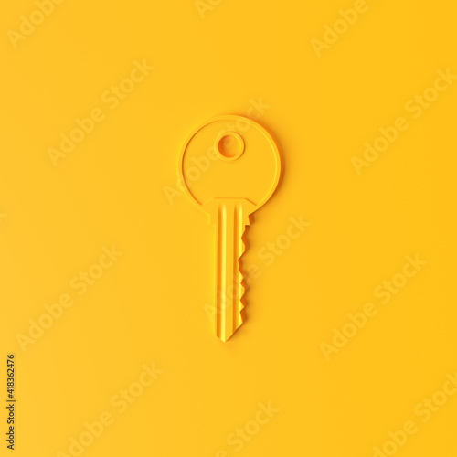 One single yellow key on flat bright yellow background. Minimalism concept. 3d render illustration