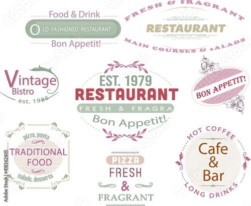 set of vintages typography restaurant labels and stamp
