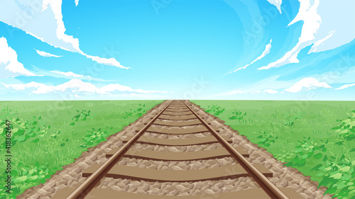 まっすぐな線路と草原の風景_背景イラスト_16:9
