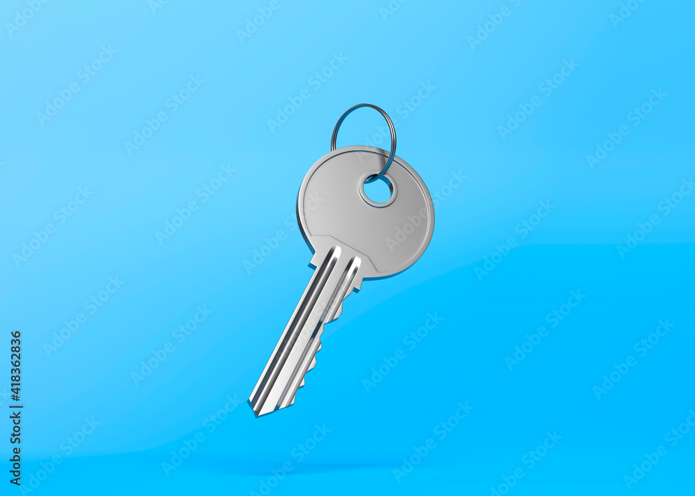 One single key on flat bright blue background. Minimalism concept. 3d render illustration One single key on flat bright blue background. Minimalism concept. 3d render illustration