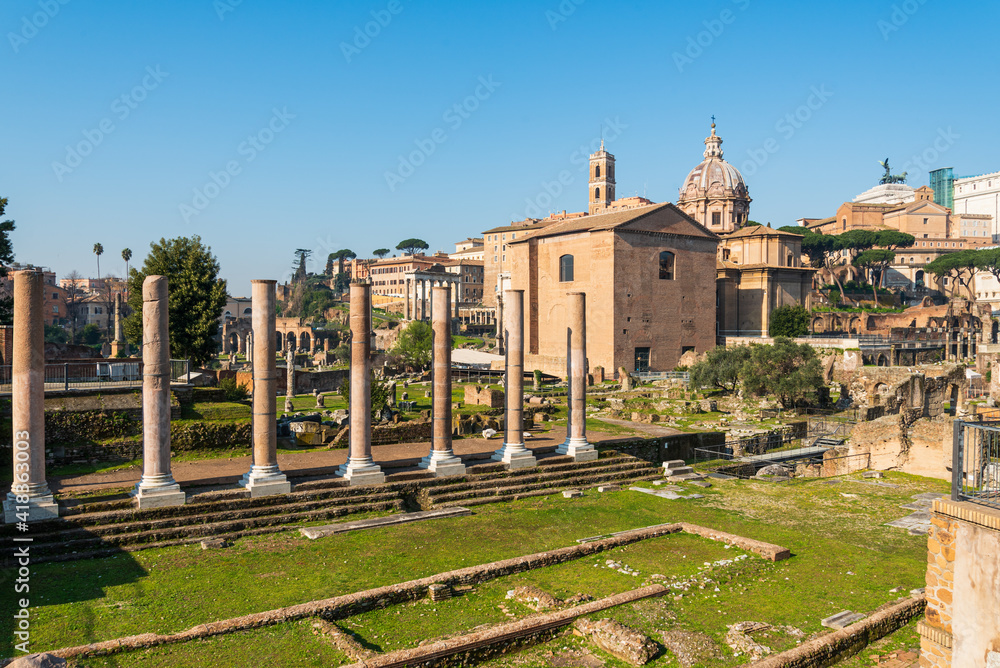 Ruins of temple inside roman forum in Italy