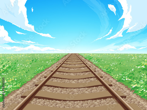 まっすぐな線路と草原の風景_春_背景イラスト