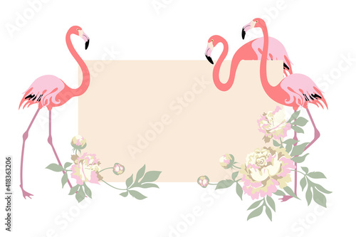 Pink flamingo, peony flower and beige rectangular frame with copy space for design.