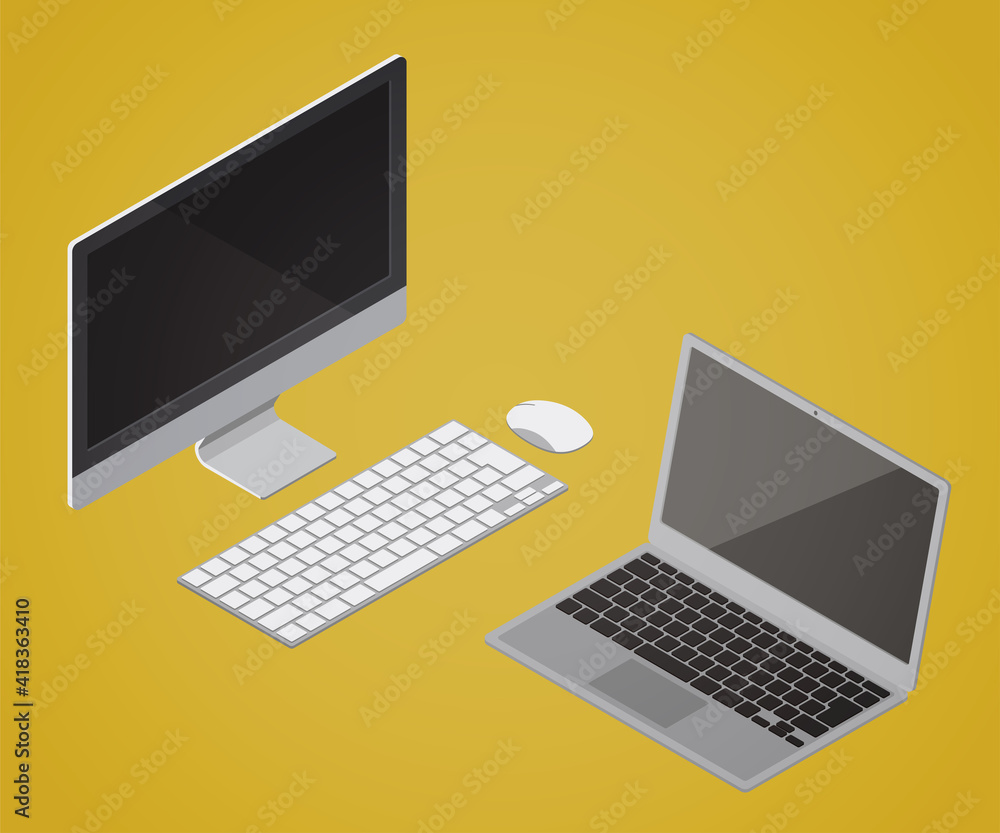 アイソメトリックのパソコンセット［デスクトップとノート］