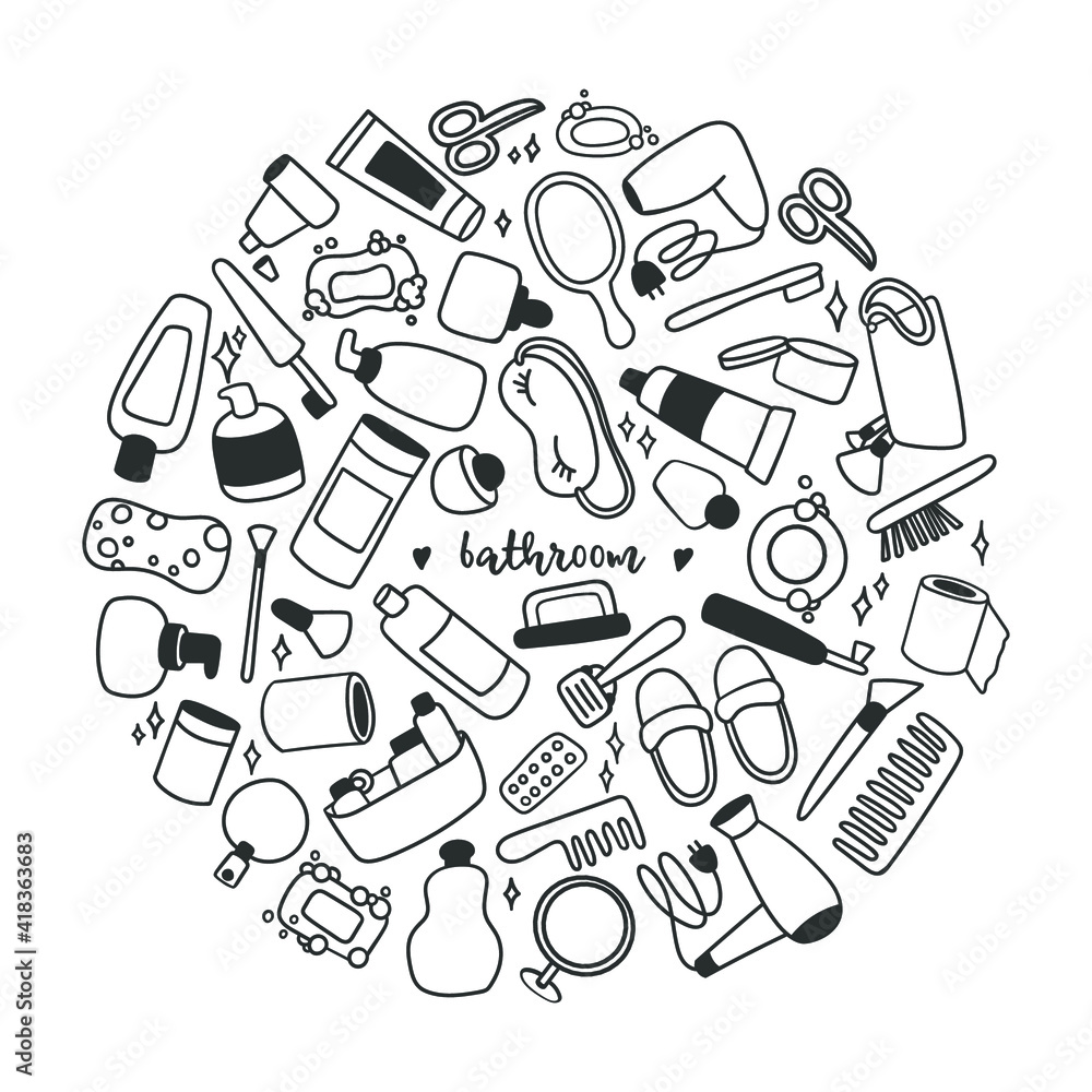 Hand drawn set of Bathroom cartoon doodle objects, symbols and items. Round frame composition. Mirror, towel, sponge, toothbrush and soap. Vector illustration isolated on white background