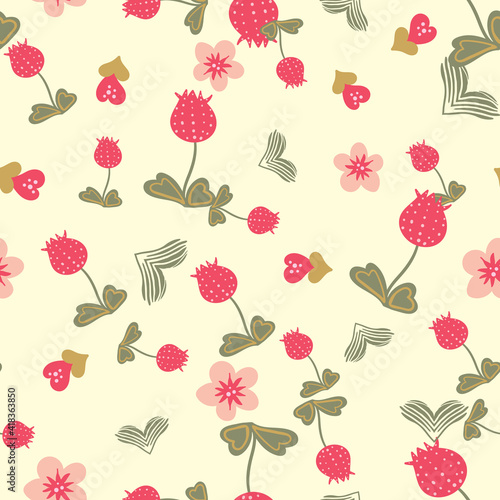 Strawberry pink flowers seamless vector pattern. Cute botancial surface print design for gifly fabrics, stationery, mothers day gift wrap, textiles, backgrounds, home decor, backgrounds, and packaging
