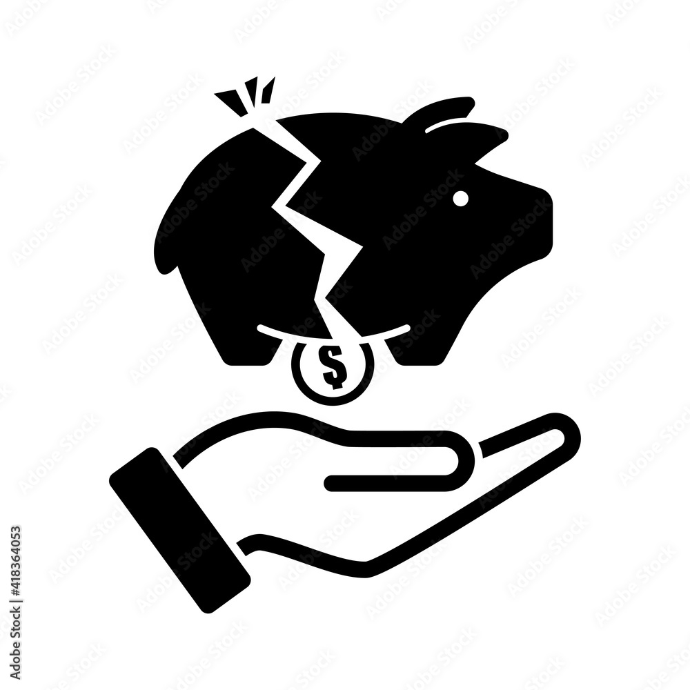 Broken piggy bank in hand icon isolated on white background vector illustration.