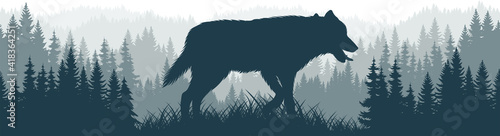 vector mountains forest woodland background texture seamless pattern with gray wolf