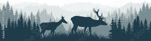 vector mountains forest woodland background texture seamless pattern with couple of white tailed deers