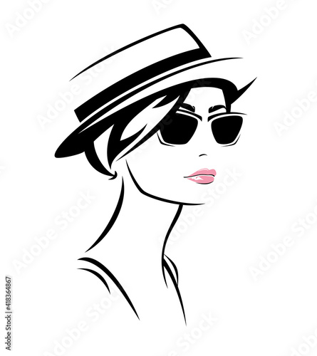 elegant young woman wearing sunglasses and straw boater hat - summer accessories fashion vector portrait