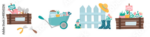 Set with four different cute gardening concept. Orhard collection with garden tool and equipment, work clothes, decor elements, flowers and plants, birds and bees. Spring vector illustration.