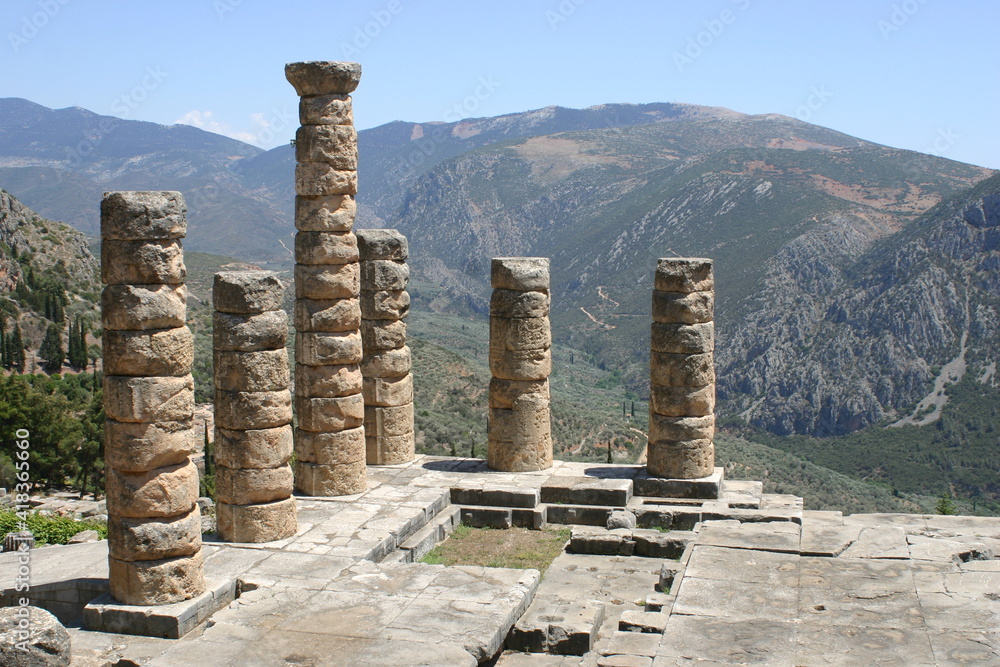 Delphi Greece Ruins on the Delphi Landscape on the Mount Parnassus Slopes high above the Gulf of