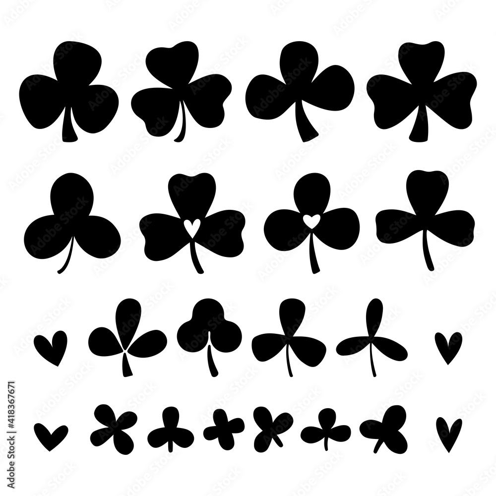 Fototapeta premium Set of clover or trefoil or shamrock leaves, St Patrick Day symbol. Silhouette vector illustrations isolated on the white background.