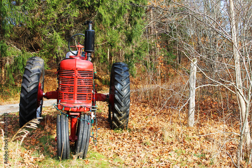 A small, old fashioned, red farm tractor parked along side a country road, among the trees, autumn. The tractor has been strung with Christmas lights.