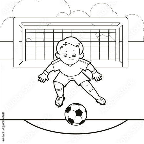 Coloring book: a boy-goalkeeper of a football team, standing at the gate waiting for a soccer ball approaching him. Isolated vector illustrations in cartoon style, black and white lines