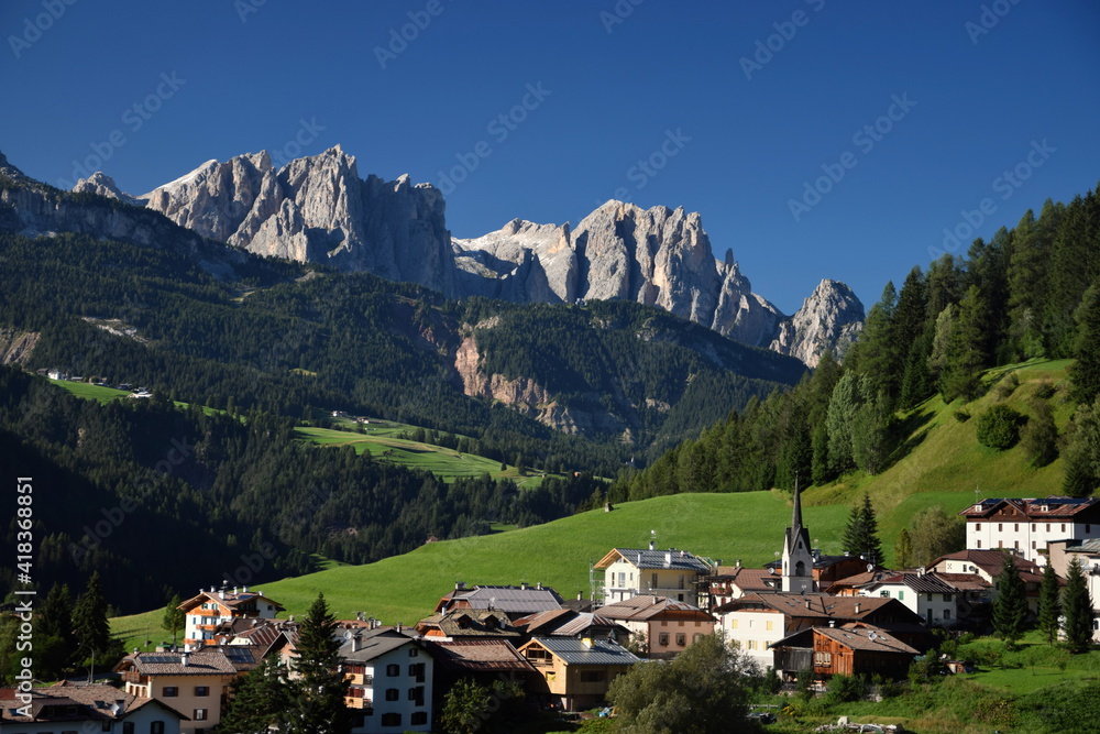 View of Moena town in Dolomites