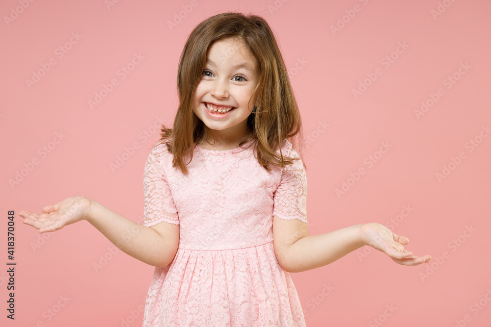 Little cute kid girl 5-6 years old wears rosy dress have fun spreading hands say oops oh ouch isolated on pastel pink background child studio portrait Mothers Day love family people lifestyle concept Little cute kid girl 5-6 years old wears rosy dress have fun spreading hands say oops oh ouch isolated on pastel pink background child studio portrait Mothers Day love family people lifestyle concept