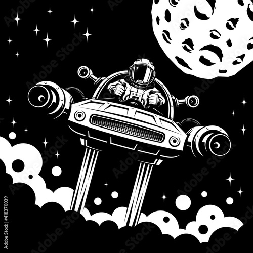 Mars exploration retro poster with spaceman. Vintage space poster with astronaut pilot of personal spaceship. vector illustration.