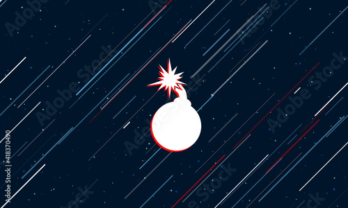Large white bomb symbol framed in red in the center. The effect of flying through the stars. Seamless vector illustration on a dark blue background with stars and slanted lines