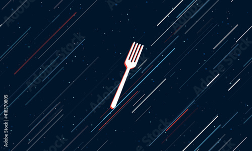 Large white fork framed in red in the center. The effect of flying through the stars. Seamless vector illustration on a dark blue background with stars and slanted lines