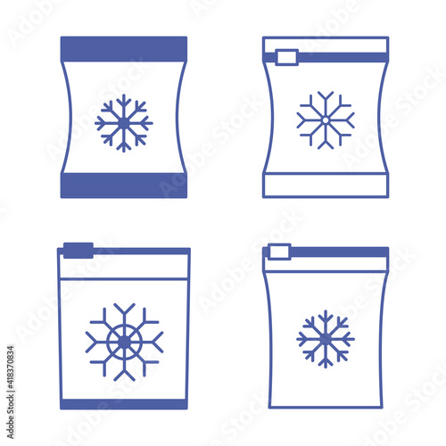 Set of vector frozen food bag. Freeze bag. Containers and bags for food semi-finished products frozen. Vacuum packed for freezing of food. Blue color icons set. Vector outline