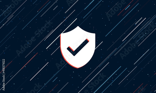 Large white protection mark symbol framed in red in the center. The effect of flying through the stars. Seamless vector illustration on a dark blue background with stars and slanted lines