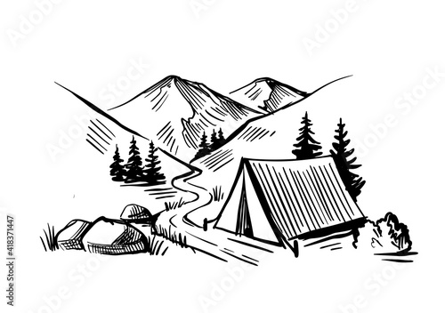 Camping in nature near mountains. Travel theme landscape in sketch style