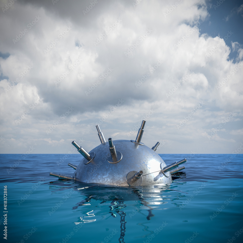 Naklejka premium metal mine in the middle of the sea. danger concept.