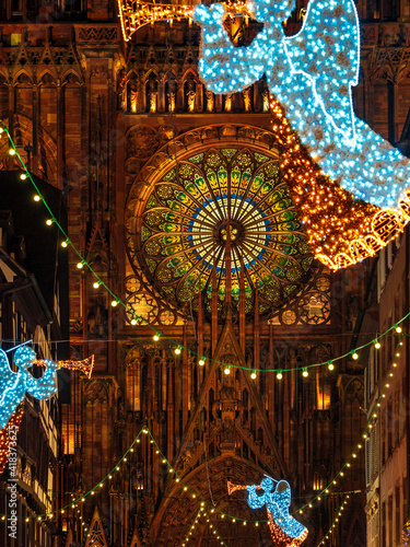 The streets of the night Strasbourg before the new year. Christmas decorations  illumination.