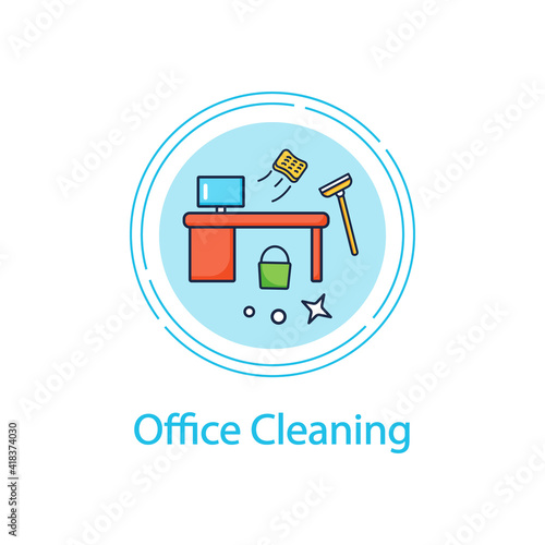 Office cleaning concept line icon. Keeping workplace clean. Tidy office desk. Mopping, wiping, dusting. Cleaning service concept.Vector isolated conception metaphor illustration