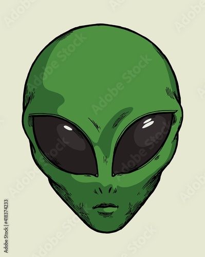 Green alien head isolated vector illustration. Space character.