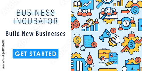 Business incubator web banner. Template for landing, web page, layout.Business plan, management of project, market research, angel investors etc.Successfully startup website interface idea with icons 