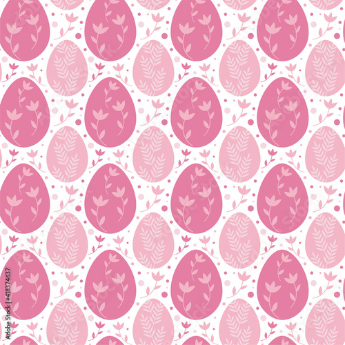 Seamless vector pattern with decorated Easter eggs, spring plants in pink on white background