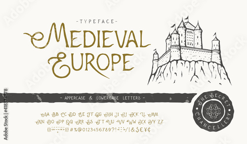 Foto Font Medieval Europe. Craft retro typeface design.