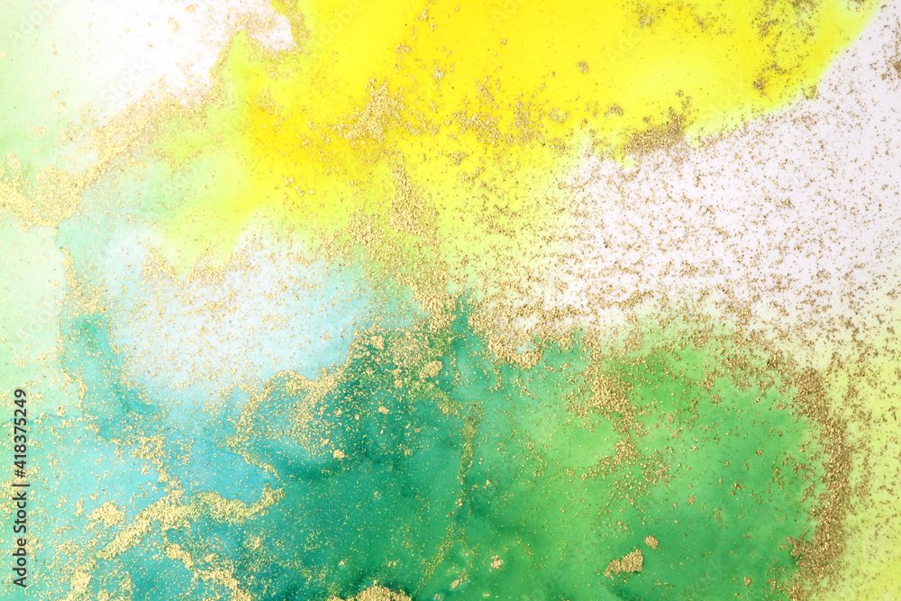 Art Abstract painting green and yellow blots watercolor background. Alcohol ink colors. Marble texture.