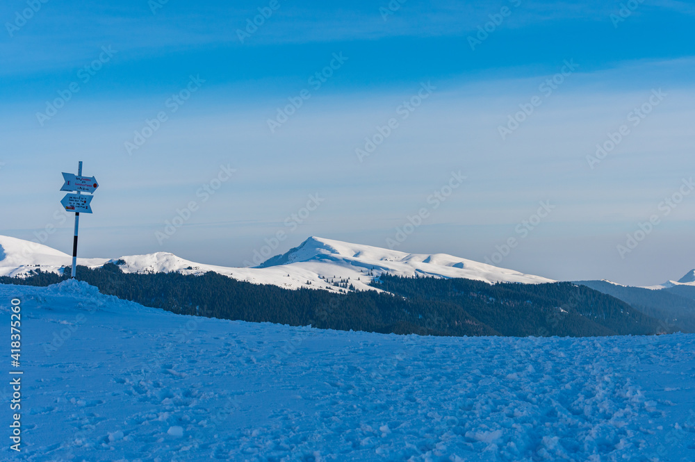 Hiking trail in Romanian Bucegi mountain range in winter