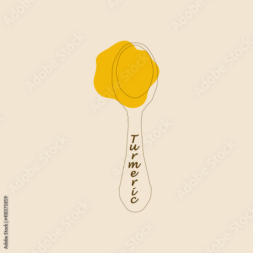 A spoonful of turmeric. Illustration for packaging design or logo design. Yellow spice on a transparent spoon. Flat style line art.